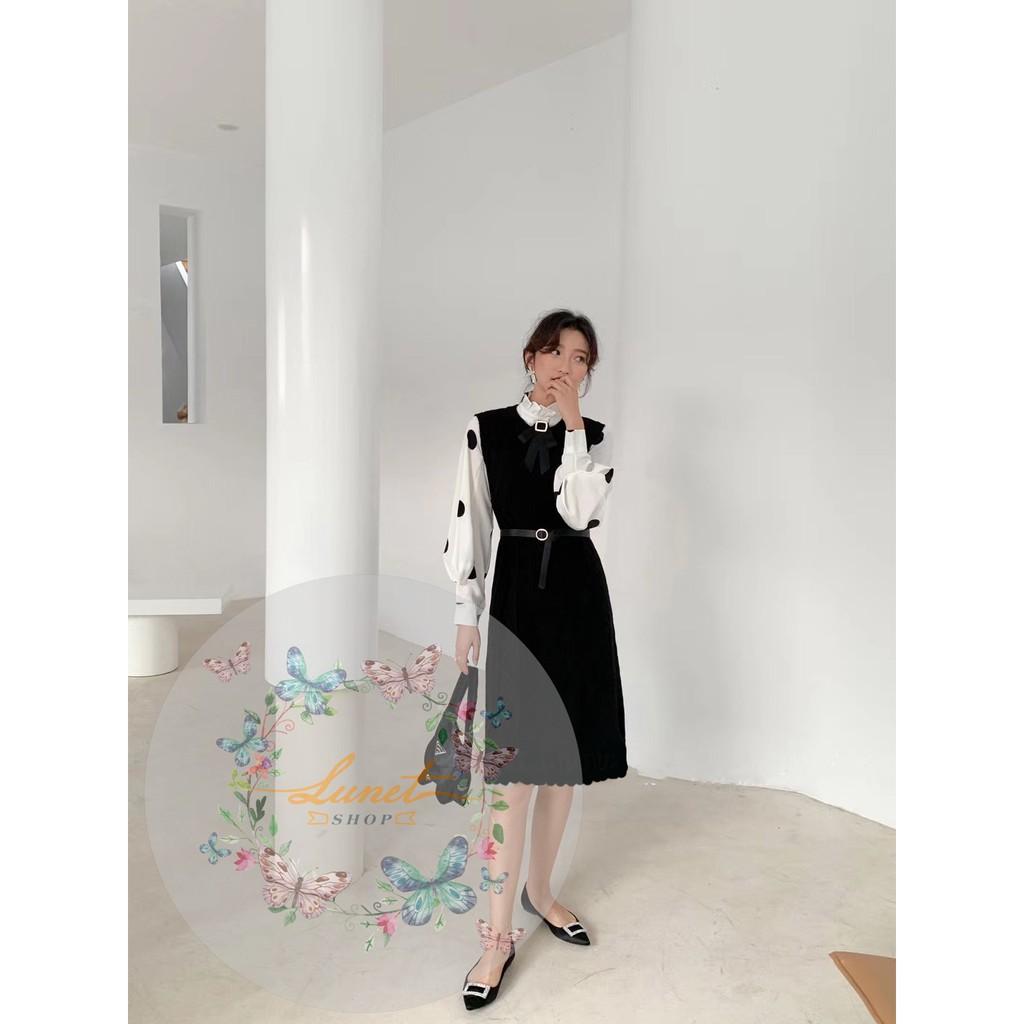 Set váy len kết hợp sơ mi tặng kèm đai lưng, nơ cài áo- Hàng QCCC