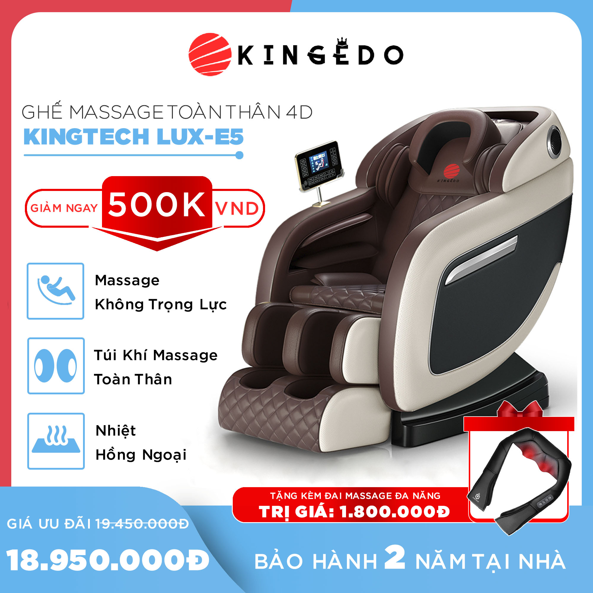 Ghế Massage Toàn Thân Cao Cấp KING EDO 4D LUX-E5 - Máy Mát xa Nhiệt - Chuyên Sâu Cho Cổ, Vai, Gáy, Lưng, Eo, Chân - Giảm Đau Mỏi Toàn Thân Cho Dân Văn Phòng, Gymer, Người Già, Người Lao Động Nặng - Hàng Chính Hãng