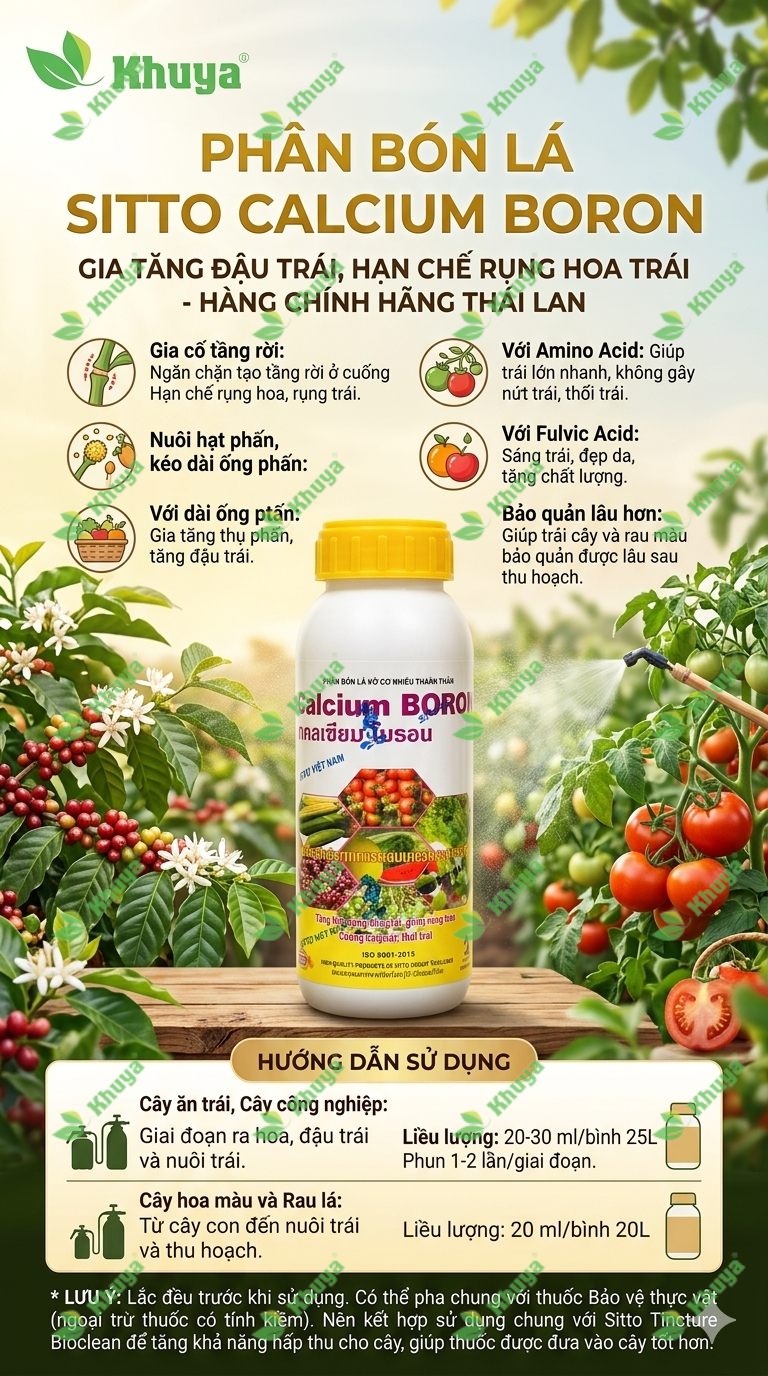 Phân bón lá sinh học Sitto Calcium Boron 500ml Đậu trái - Giảm rụng trái
