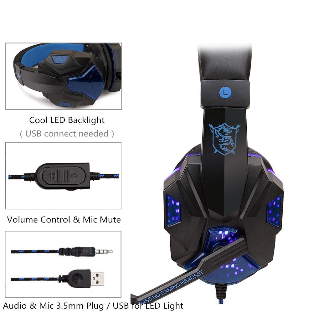 Chơi Game Có Dây Tai Nghe Chụp Tai Gấp USB Dạ Quang Game Thủ 3.5Mm + USB Stereo Tai Nghe Giảm Ồn Dành Cho Máy Tính Xách Tay Máy Tính