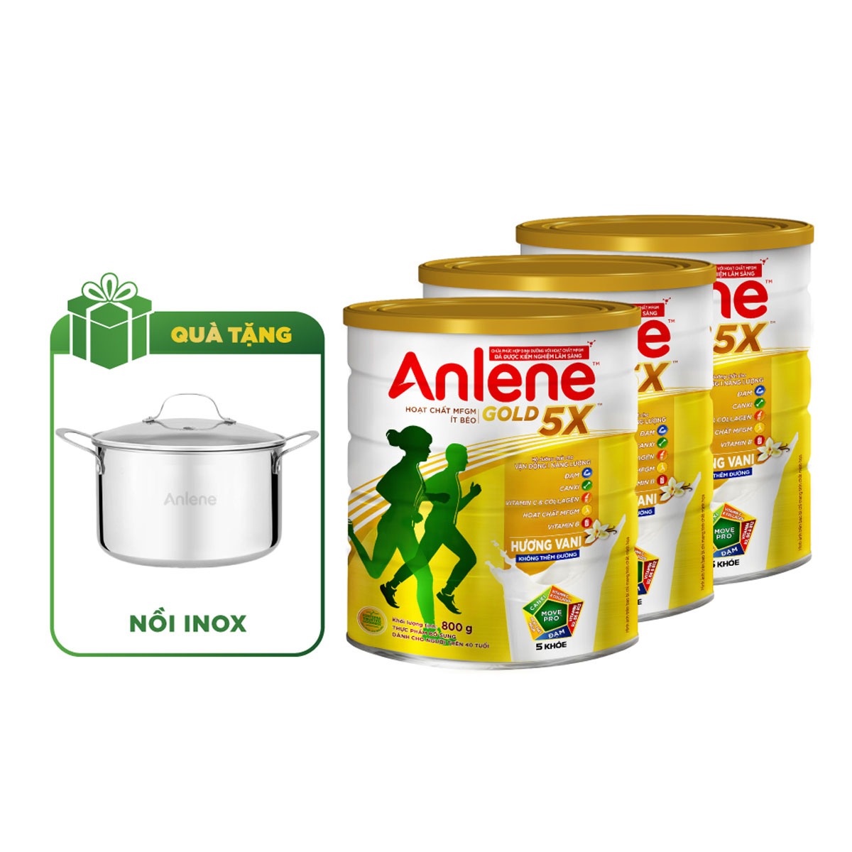 Combo 03 Sữa Bột Anlene Gold 5X Hương Vanilla (Hộp thiếc 800g) - Tặng nồi inox