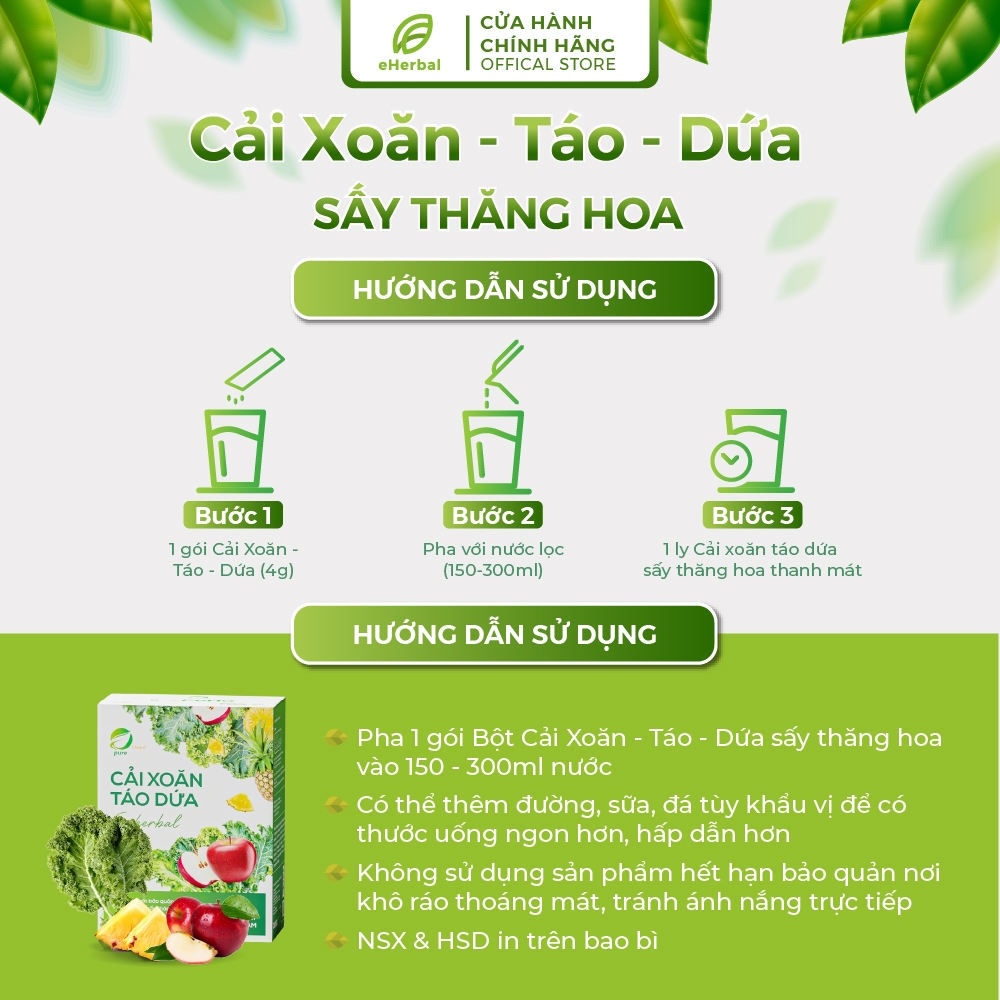 Bột Cải Xoăn - Táo - Dứa Eherbal chính hãng hộp 15 gói x 4g làm đẹp da, tăng cường sức khỏe