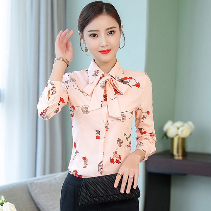 Áo Sơ Mi Nữ Công Sở Thắt Nơ Cổ Nữ Tính Hoạt Tiết Chấm Bi Và Cherry