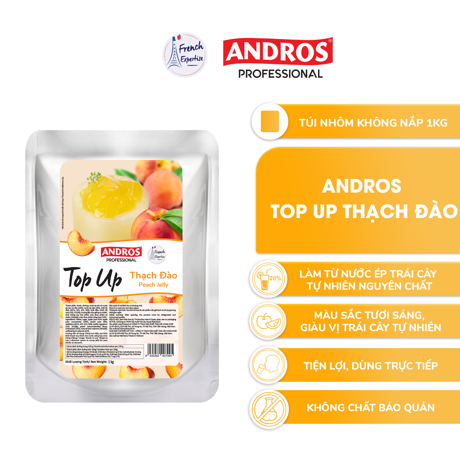 Thạch Topping Đào - Không Chất Bảo Quản - ANDROS TOP UP - 1 KG