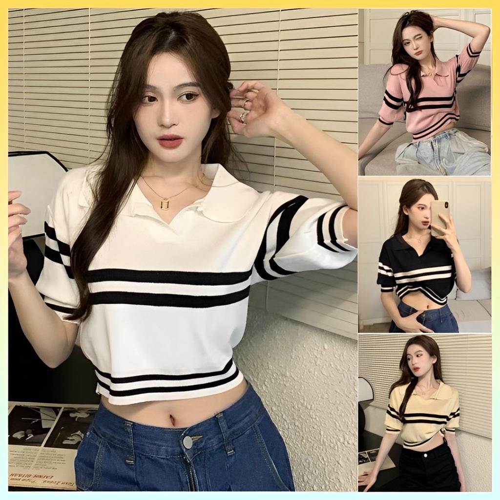 [L2M] Áo len Montoghi dệt kim 2 LINE kẻ ngang phối 2 viền xinh xắn