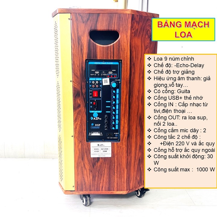 Loa kéo Bluetooth di động,AZ-2506-Bass 40-3 đường tiếng,Thùng gỗ cao cấp-4 bánh xe,Tay kéo sang trọng,Tặng 2 mic không dây vỏ kim loại,Hàng chính hãng AZPRO