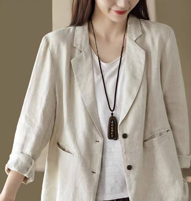 Áo vest blazer khoác nhẹ Linen dài tay  cổ ve vuông phong cách công sở Haint Boutique Bz10