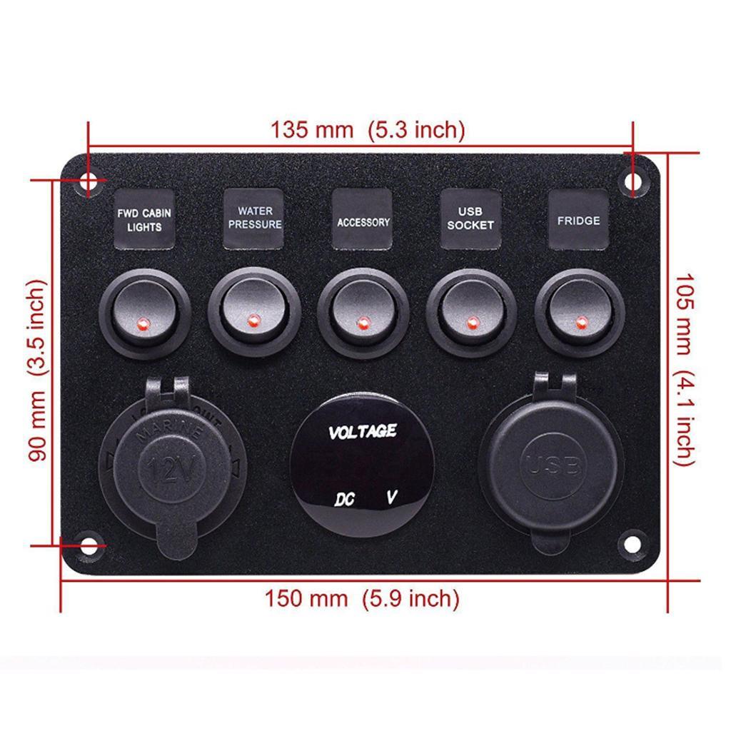 12-24V Dual USB Port Charger Voltmeter 5 Gang Toggle Switch Panel Red LED