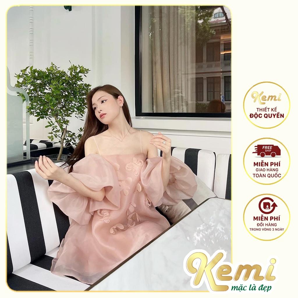 Váy 2 dây tơ hồng đính hoa tay phồng rớt vai dáng tiểu thư 3 màu hồng đen trắng