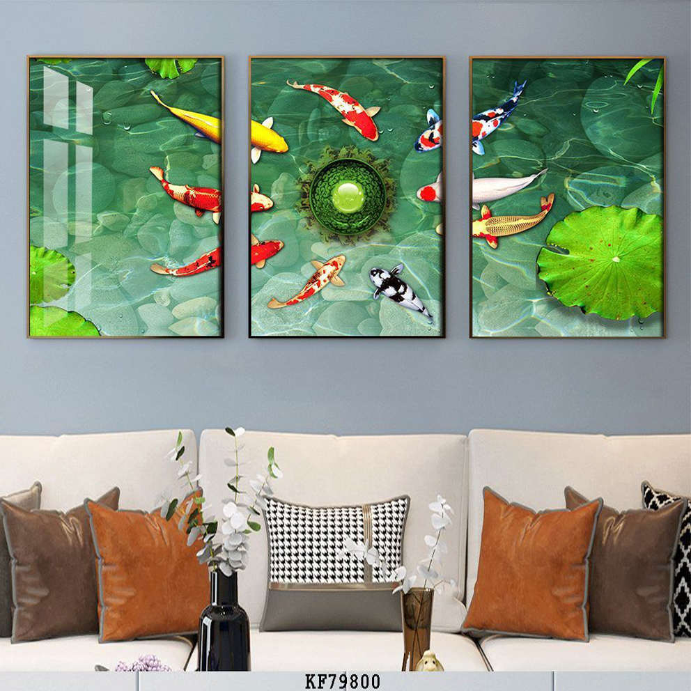 Tranh Bộ 3 Canvas Treo Tường Sang Trọng - Tranh Cửu Ngư Và Hoa Sen