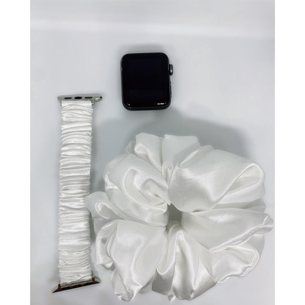 Combo dây đồng hồ apple watch và scrunchies dây cột tóc, buộc tóc vải satin lụa TRẮNG Noel