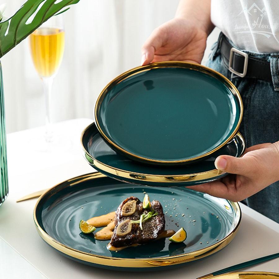 Bộ Bát, Đĩa Sứ Màu Xanh Cổ Vịt - Sứ Cẩm Thạch Viền Vàng 24k Sang Trọng