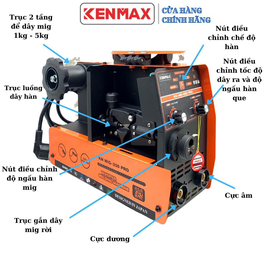 Máy hàn Mig Không dùng khí KENMAX - SASUKE MIG 200 PRO - DÂY MIG RỜI 3M - CUỘN DÂY 1KG - 5KG