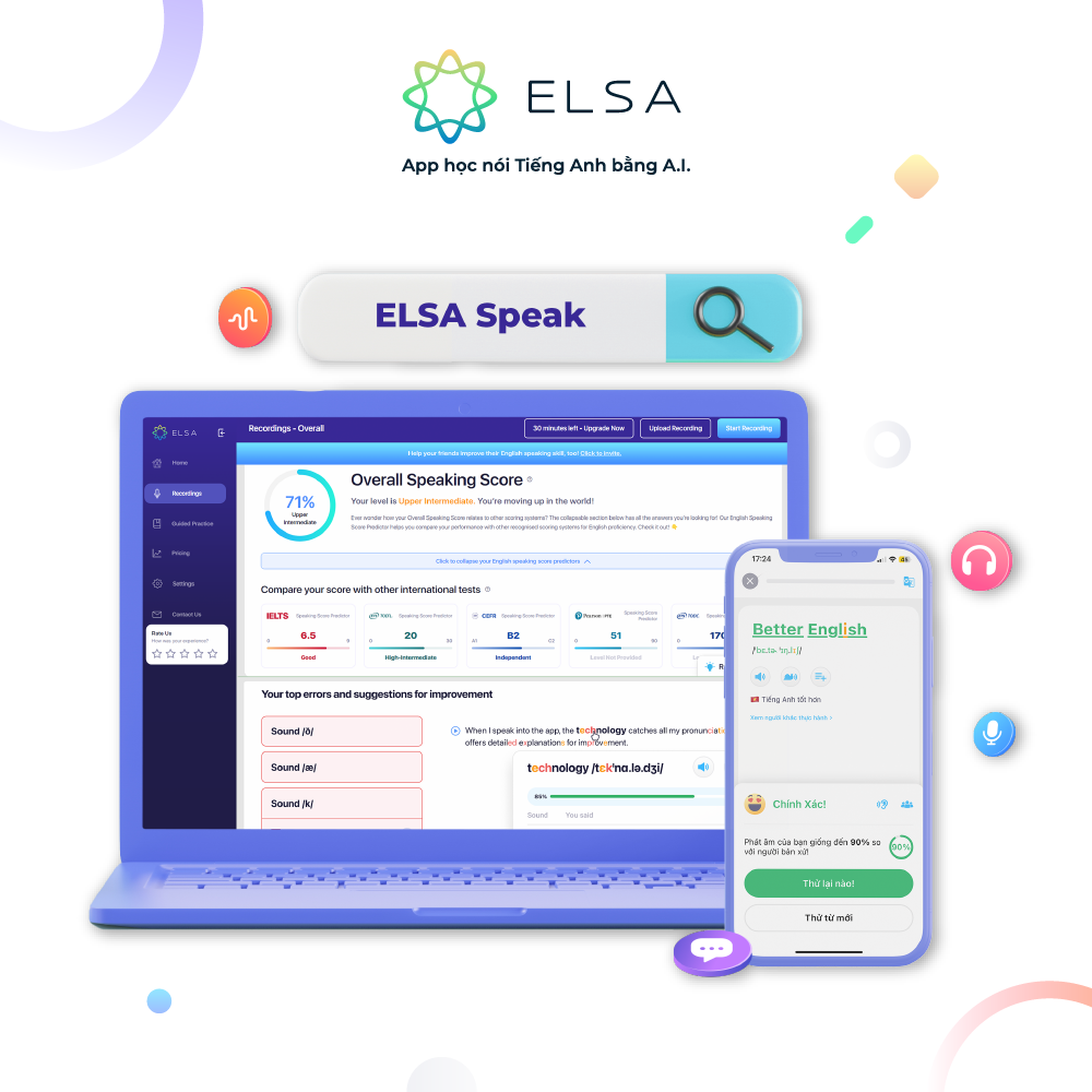 Gói học Speech Analyzer thời hạn 1 tháng từ ELSA SPEAK - Công cụ luyện nói tiếng Anh toàn diện