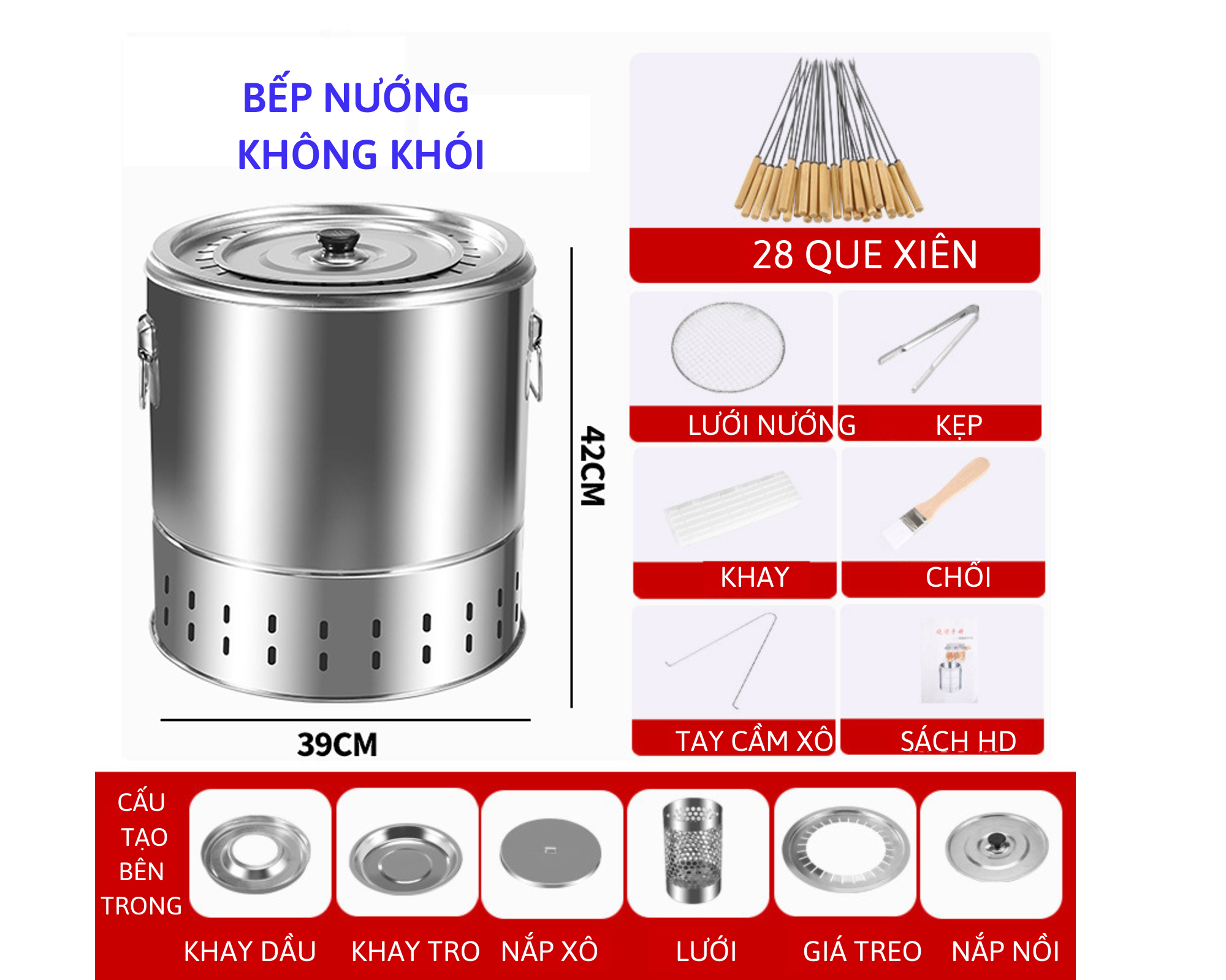 Bếp Nướng Than Không Khói, Chất Liệu Inox Cao Cấp Không Gỉ, Gọn Gàng, Tiện Lợi - Hàng Chính Hãng