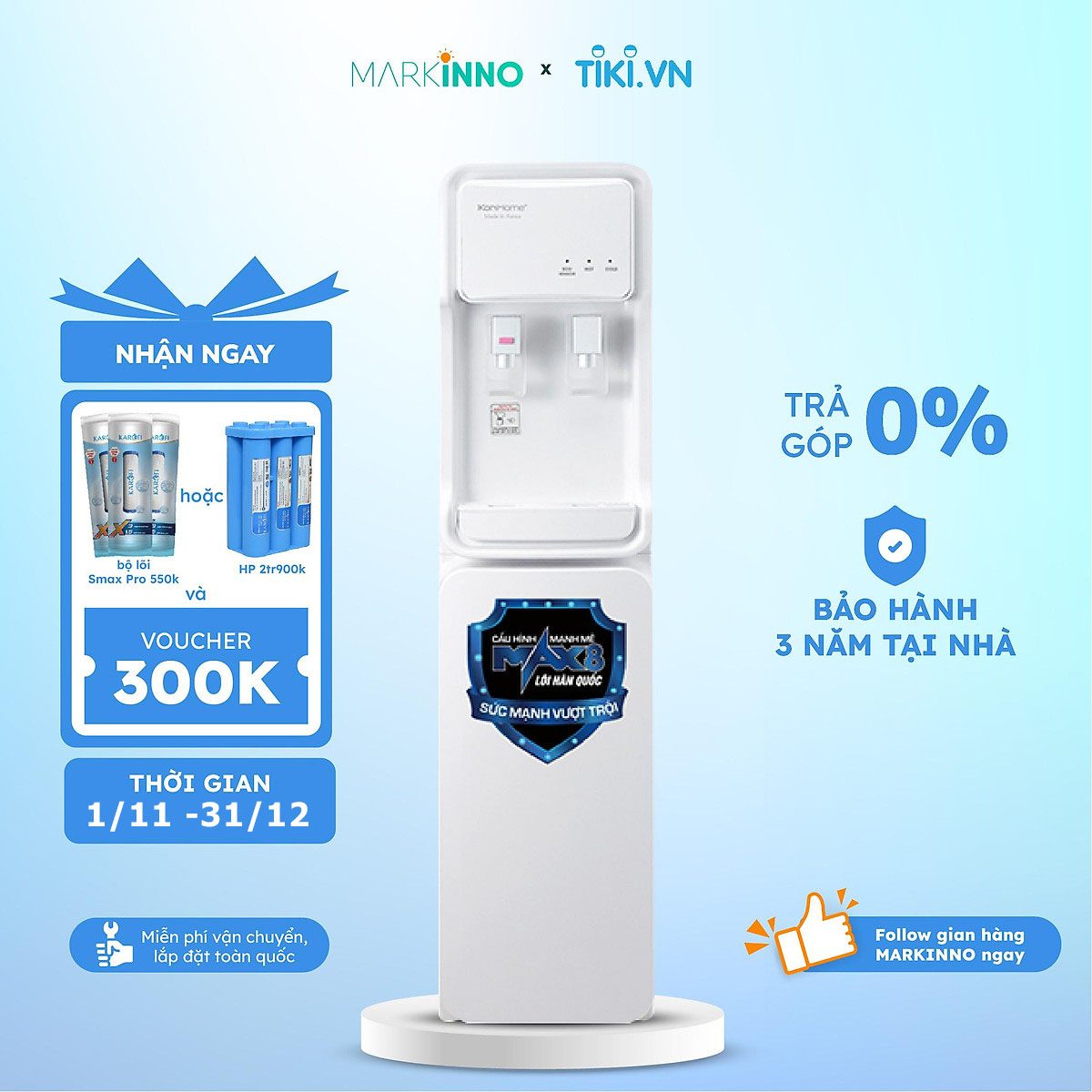 Máy lọc và làm nóng lạnh nước Korihome WPK-913 công nghệ hydrogen alkaline tăng cường sức khoẻ hàng chính hãng