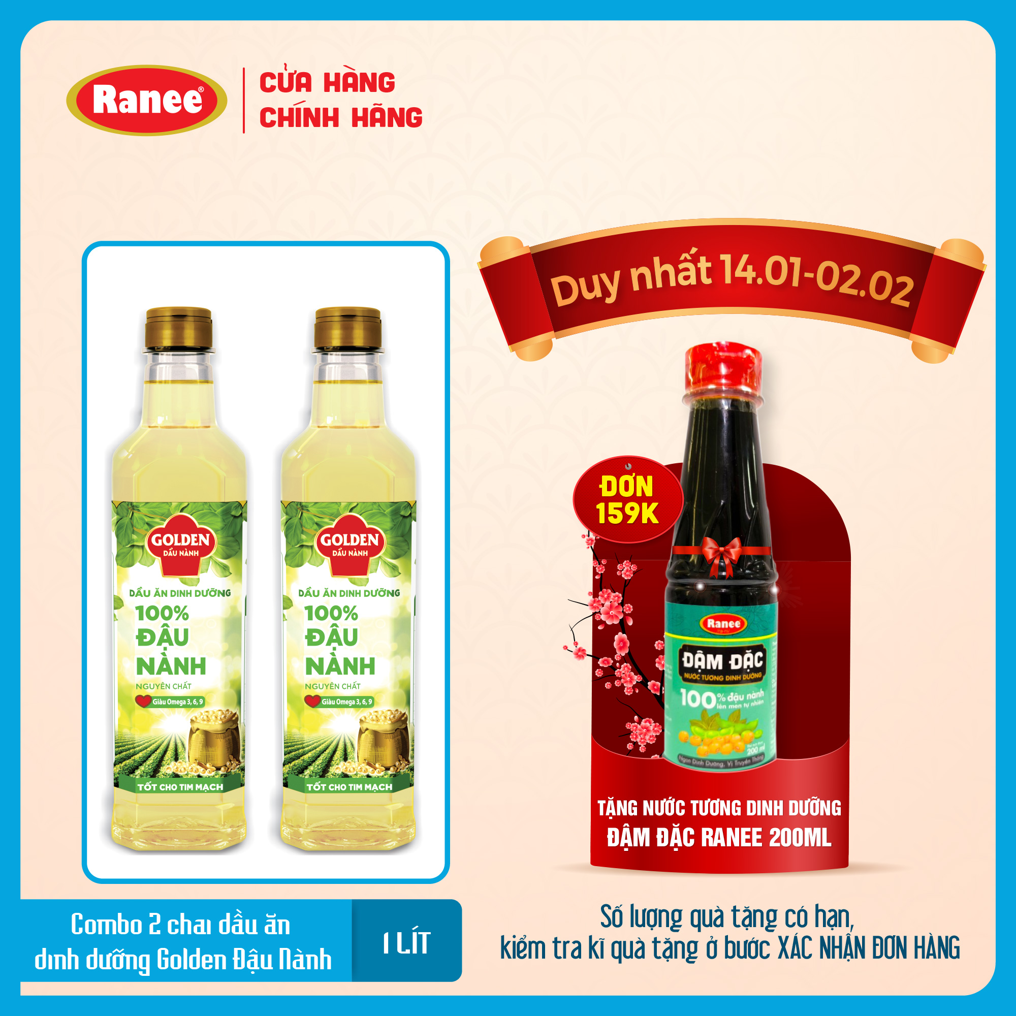 Combo 2 chai Dầu Đậu Nành cao cấp Golden 1 lít (1 lít/chai x 2 chai)