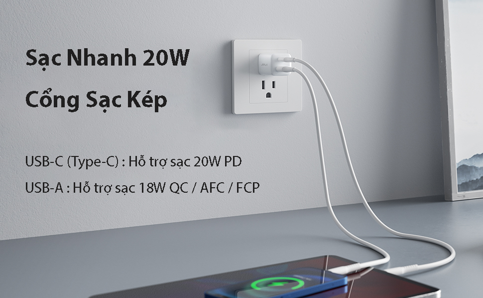 Củ Sạc Nhanh 20W Mini CH2002 JSAUX Sạc Chuẩn PD – Cho iPhone, iPad, Samsung, Oppo, Huawei… USB-C PD 20W và USB-A 18W - Hàng chính hãng