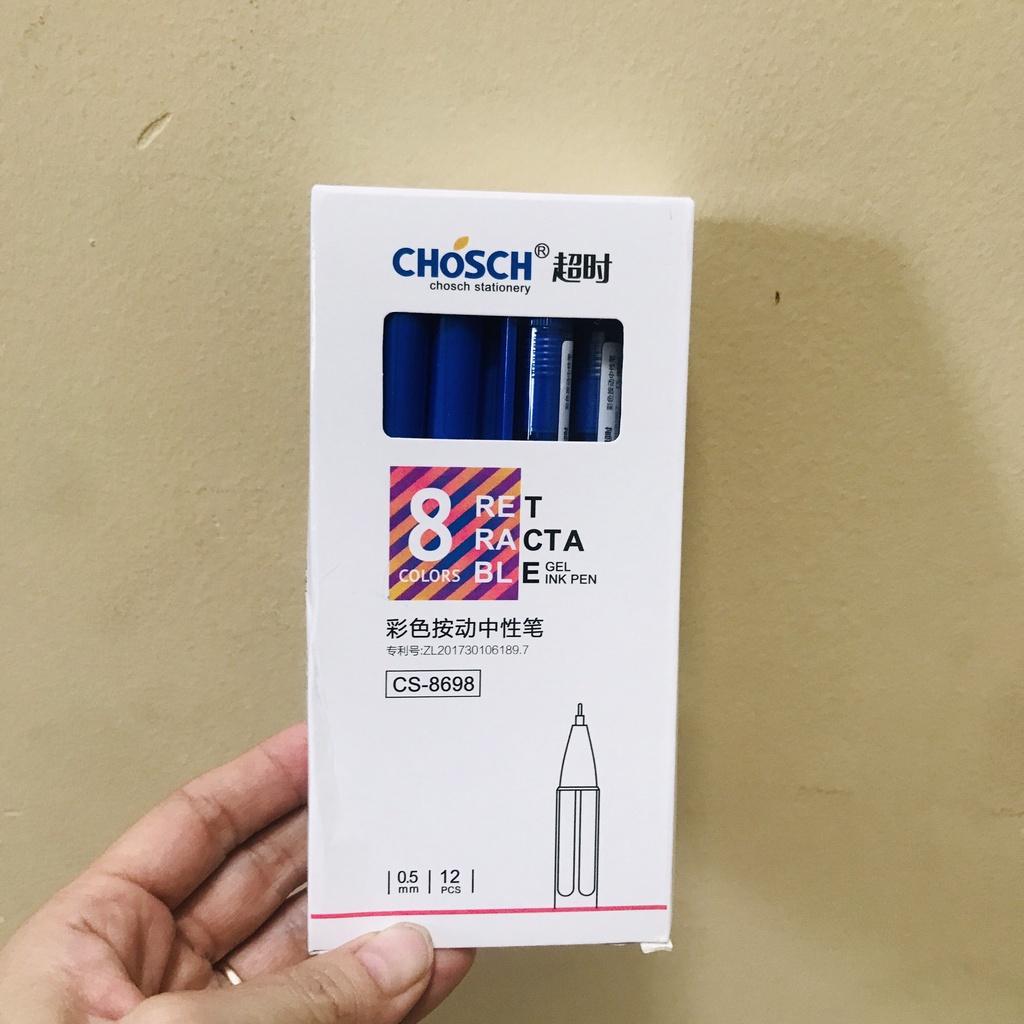 Hộp 12 Cây Viết Gel Nước Bấm Chosch 8698 Ngòi 0.5mm tím,xanh,đỏ,đen (vpp trí tín)