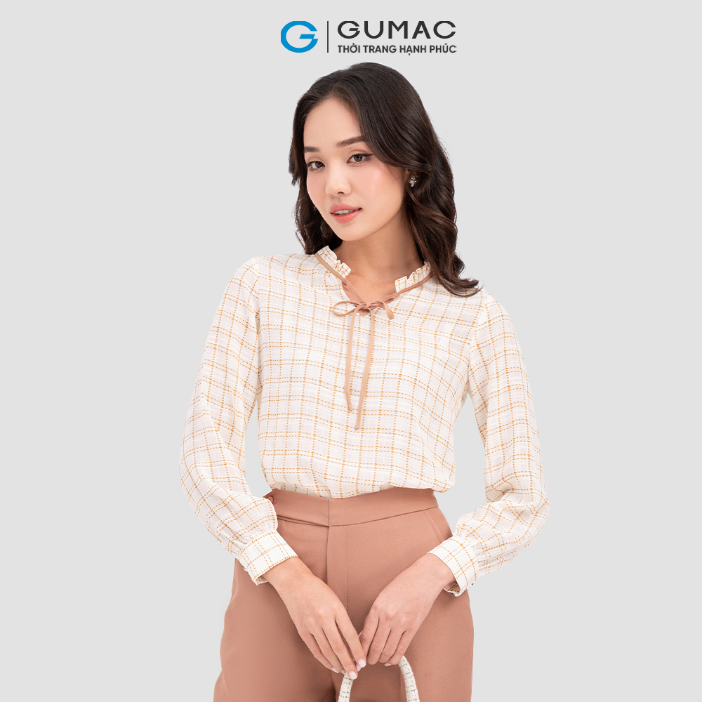 Áo cổ bèo viền phối dây nơ GUMAC AC11040