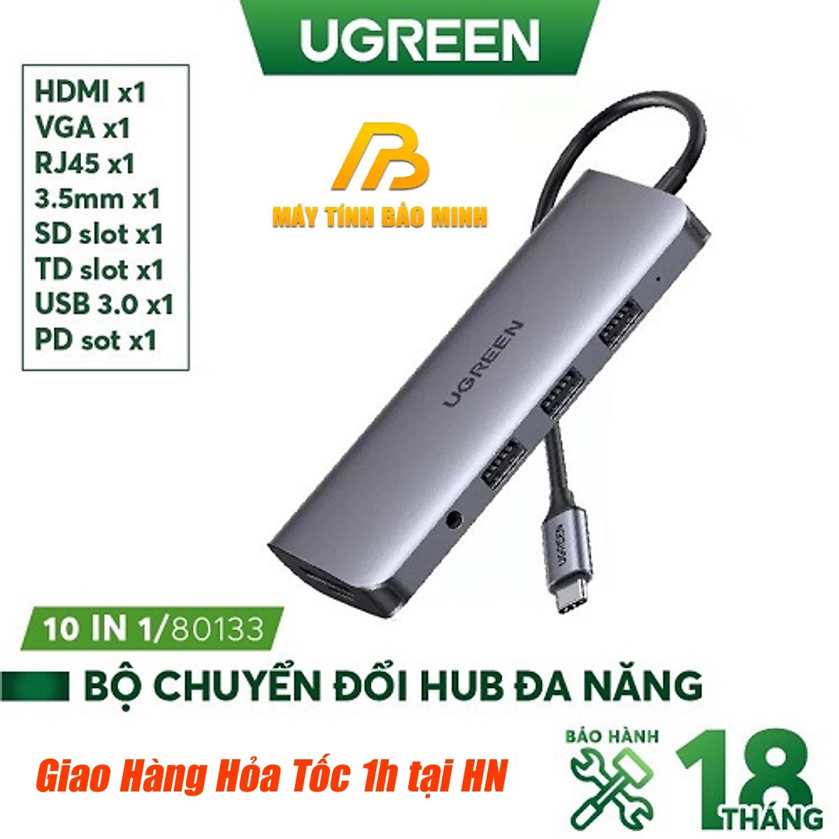 Bộ chuyển đổi đa năng USB Type C 10 in 1 UGREEN 80133 (USB C sang 3 USB 3.0, HDMI, RJ45,SD,TF, AUDIO 3.5) - Hàng Chính Hãng