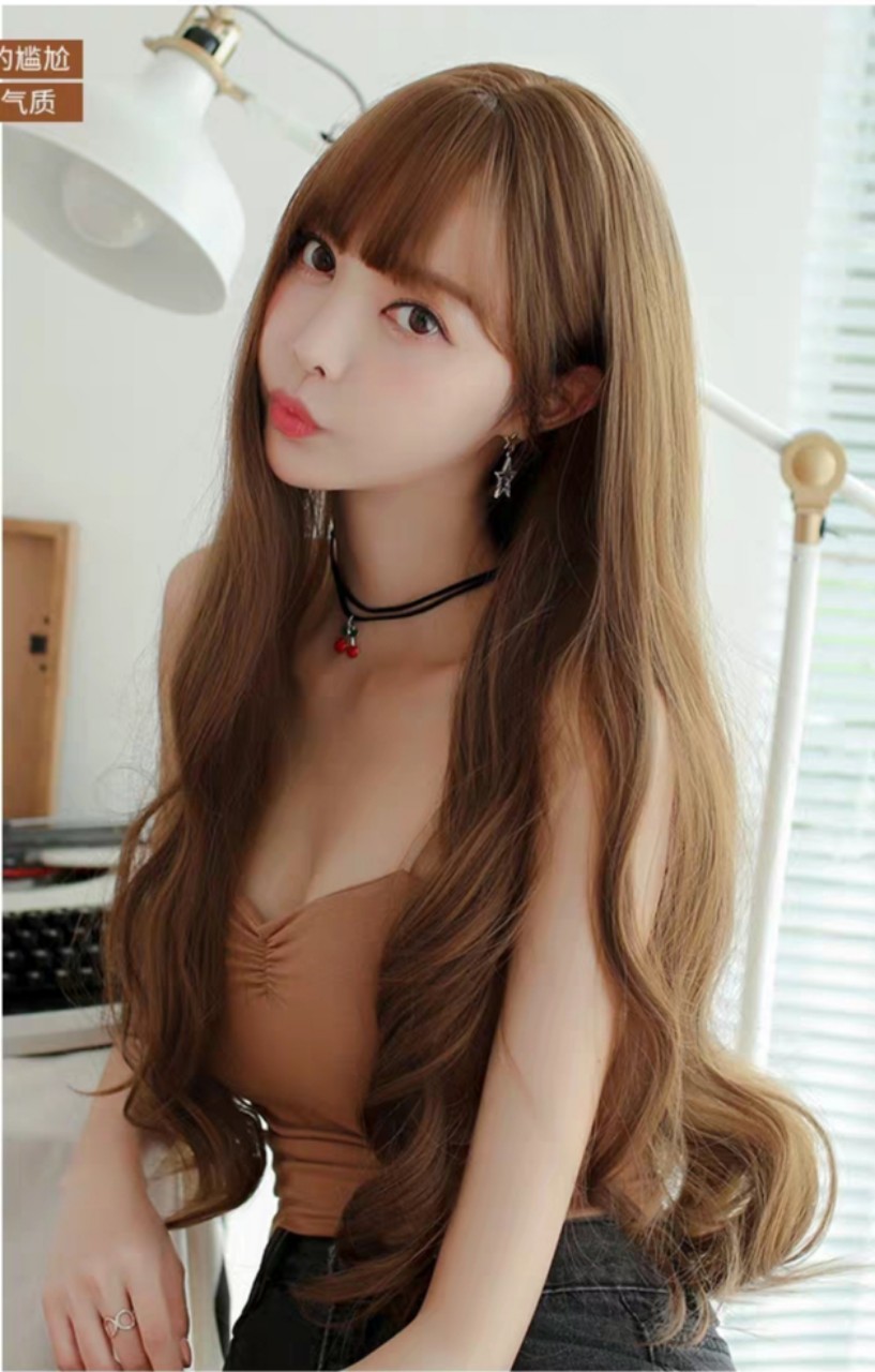 Tóc giả nữ nguyên đầu xoăn dài, tóc giả bộ cả đầu mái thưa