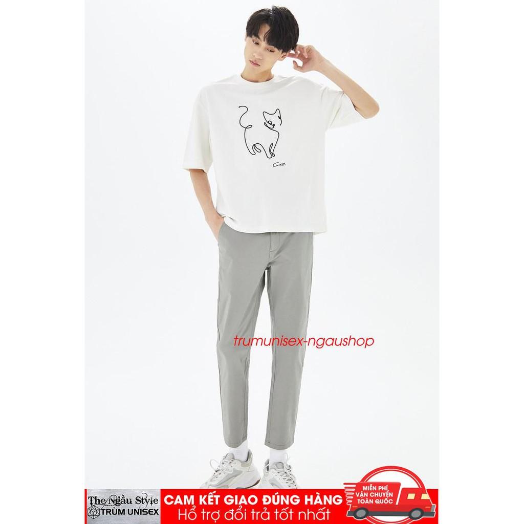 Áo thun stee form rộng tay lửng nam nữ hàn quốc Mèo bút chì aothununisex aophongnam