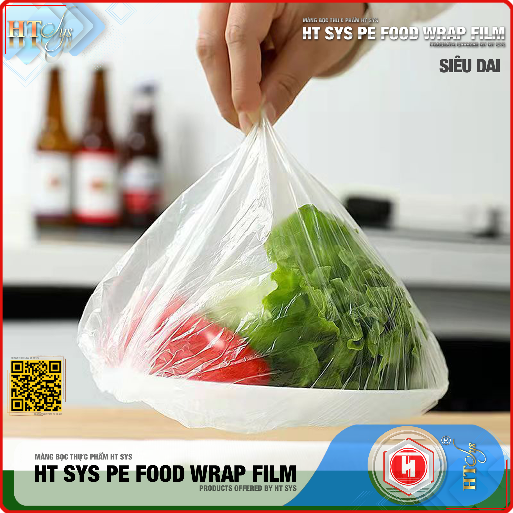 Màng Bọc Thực Phẩm HT SYS PE FOOD WRAP FILM - Chất Liệu PE Cao Cấp - Có Chun Co Giãn - Tái Sử Dụng Nhiều Lần - An Toàn Vệ Sinh - Gói 100 Chiếc Tặng Kèm Túi Đựng Và Móc Dán Đa Năng