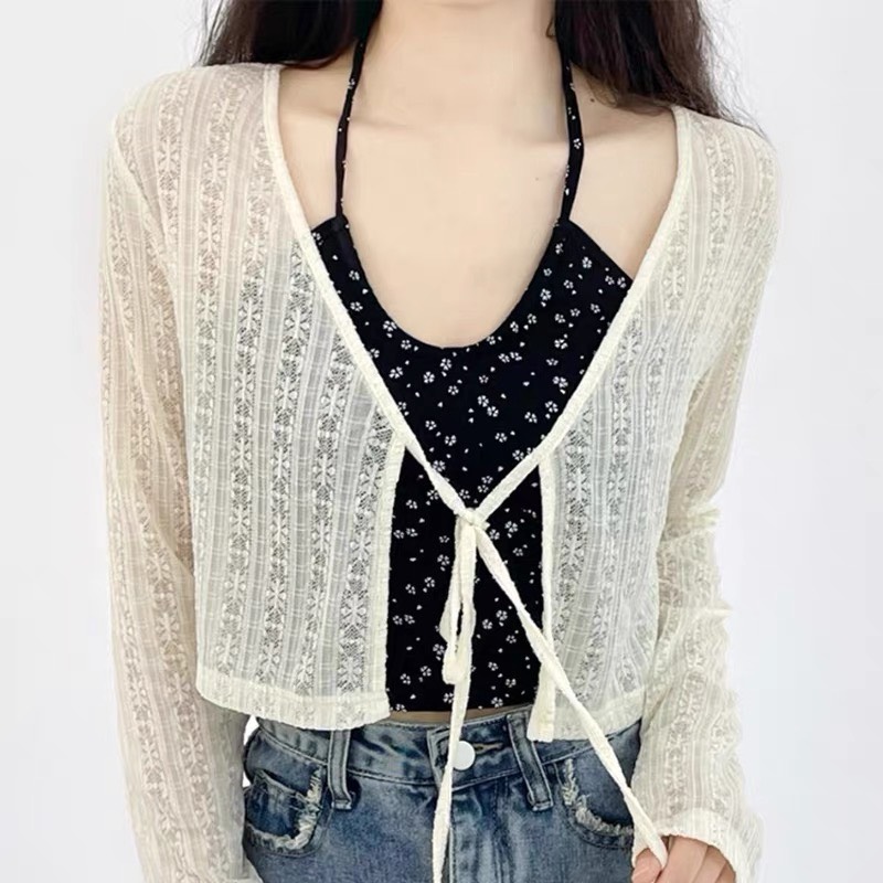 SET ÁO CROPTOP ĐEN DÂY YẾM HOA NHÍ + KHOÁC LỬNG NGẮN REN SUÔNG RỘNG CARDIGAN ĐI BIỂN ĐI CHƠI DẠO PHỐ ĐI TIỆC