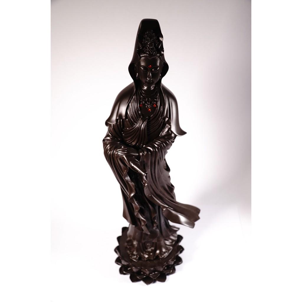 Tượng lớn phật Quan Thế Âm Bồ Tát đứng nguyên khối đế sen nâu đất - Cao 36cm