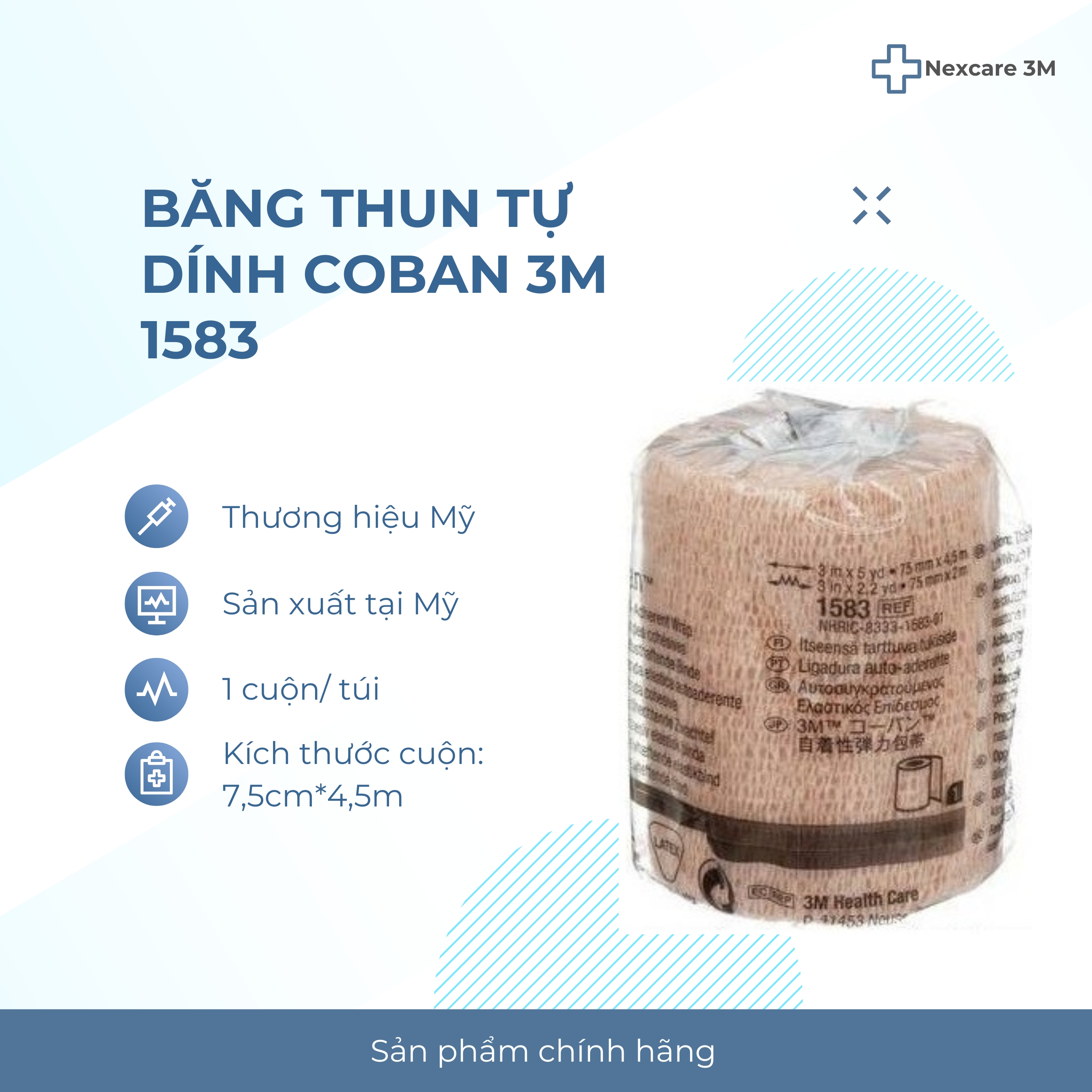 1 Cuộn băng thun y tế tự dính 3M Coban 1583 (7,5cm*4,5cm), thương hiệu Mỹ