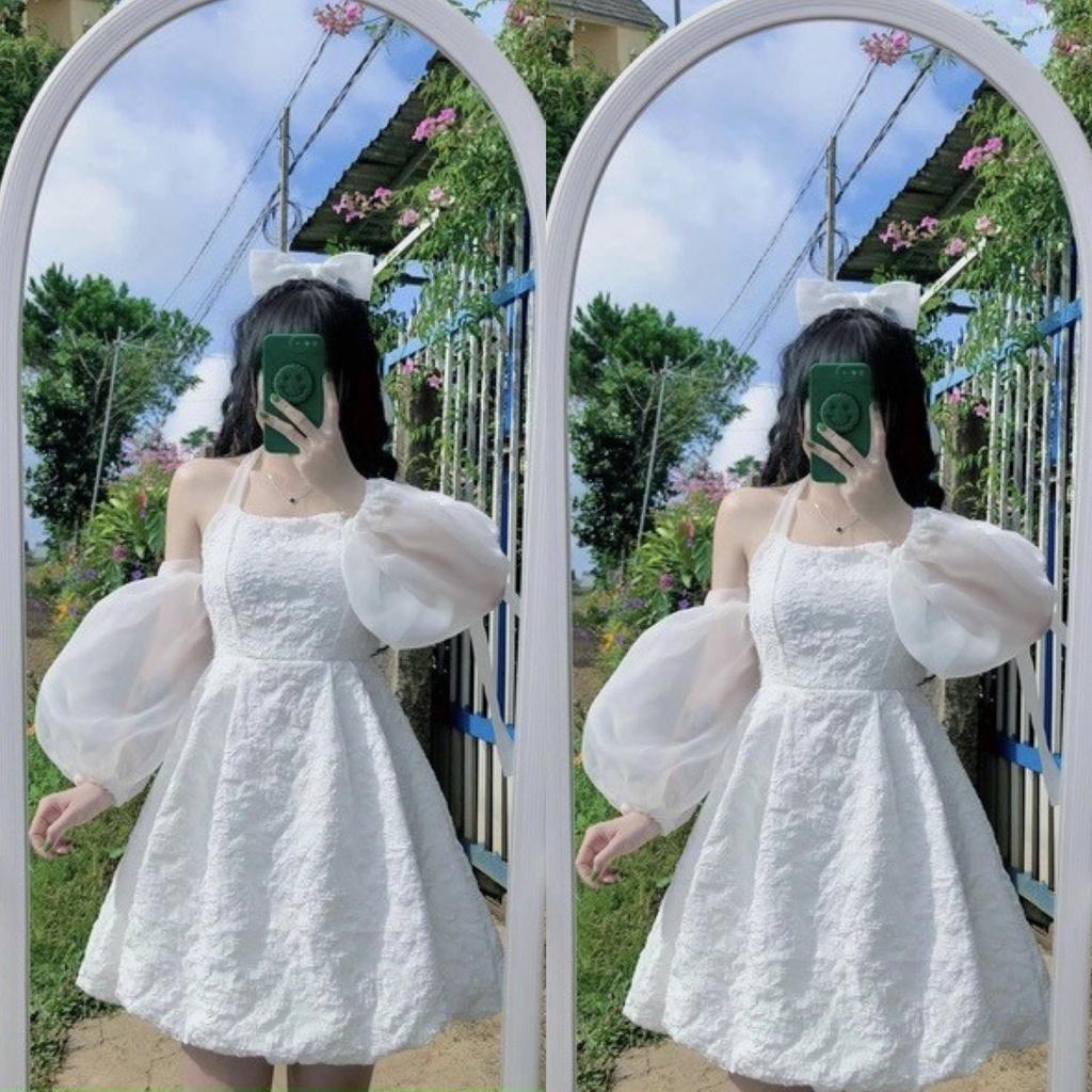 FREE SHIP Váy đầm nữ tiểu thư tay dài tơ phối gấm 2 màu nhẹ nhàng công chúa họa tiết dây cổ xinh xắn DS