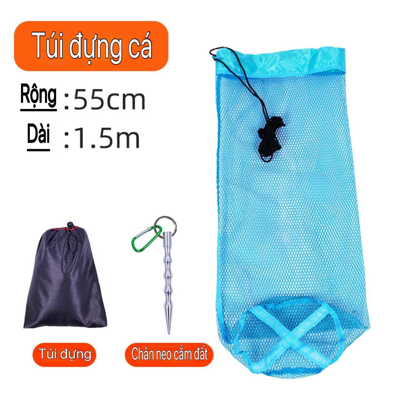 Túi lưới đựng cá rộng 55cm dài 1m5, 2m, 2m5,3m