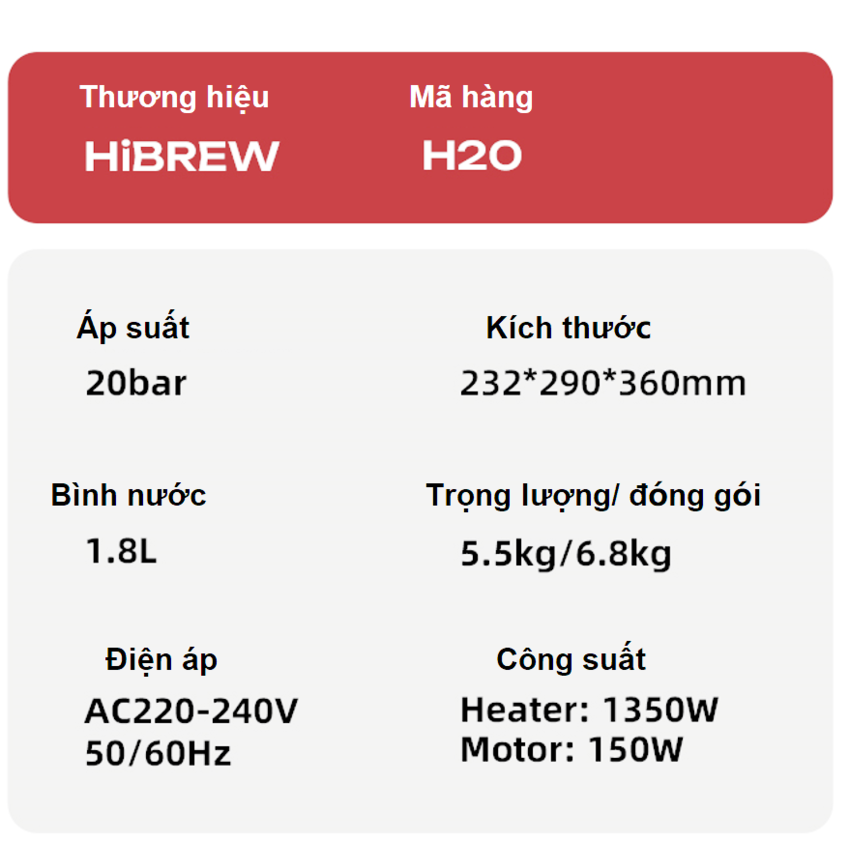 Máy pha và xay cà phê bán tự động 3 trong 1 Espresso, Cappuccino, Latte thương hiệu Mỹ cao cấp HiBREW H20 - Công suất 1500W 20bar - Hàng chính hãng