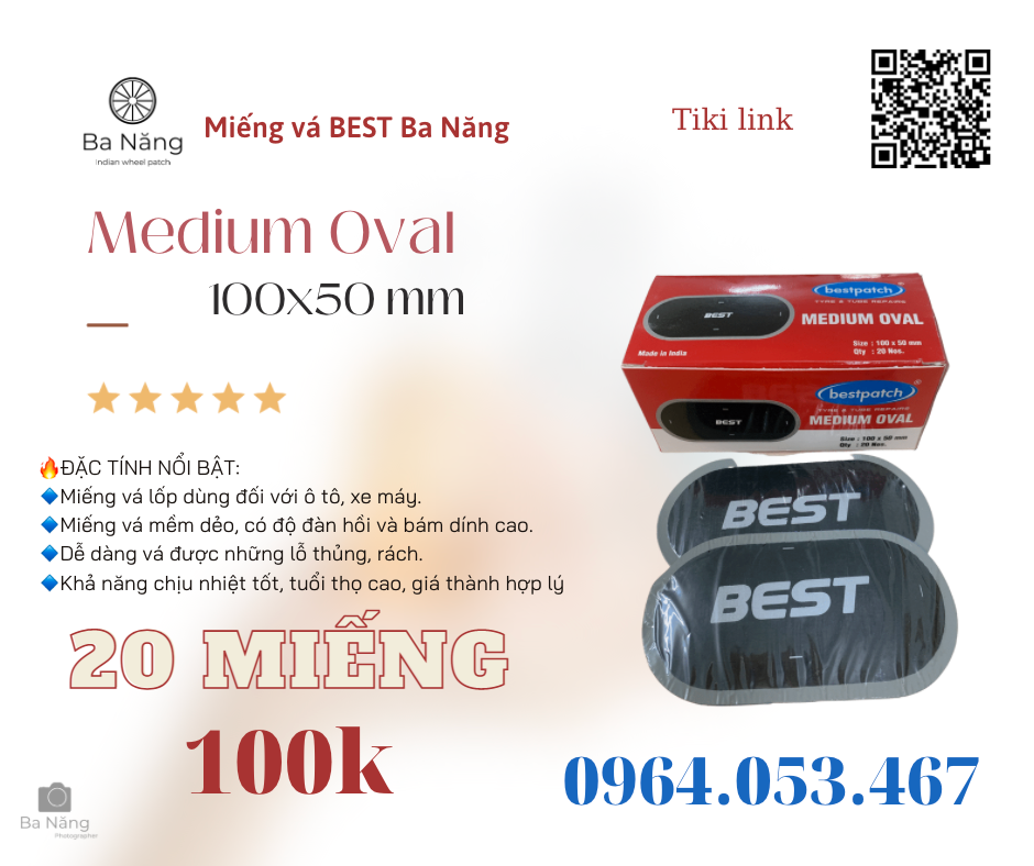 10 miếng vá vỏ săm lốp xe máy, ôtô BEST Medium Oval