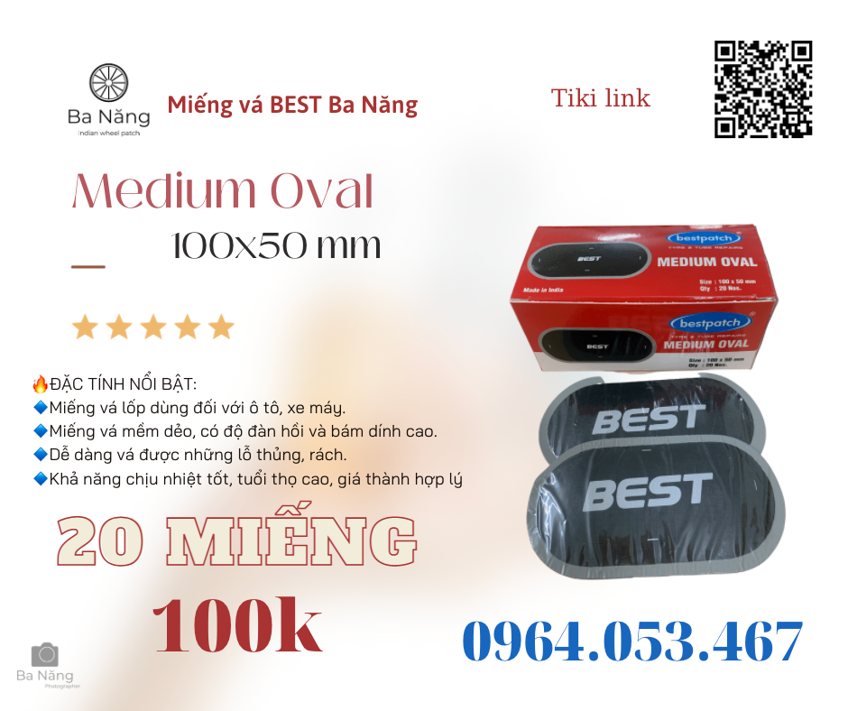 10 miếng vá vỏ săm lốp (ruột) xe máy, ôtô BEST  Medium Oval