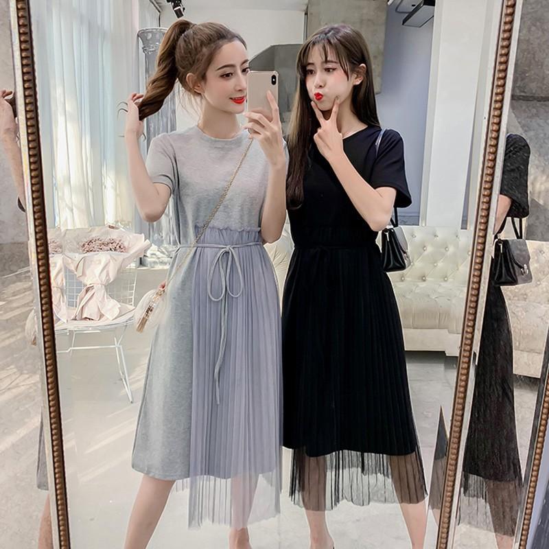 Đầm chữ A cổ tròn tay ngắn phối lưới thiết kế thanh lịch