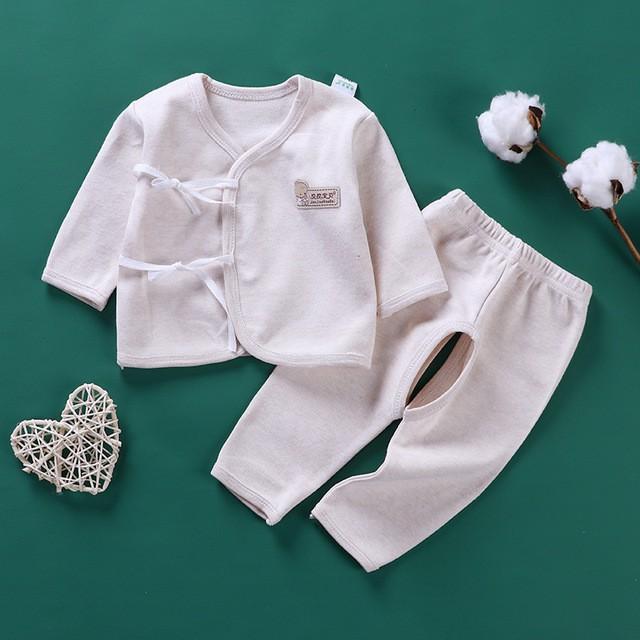 Bộ quần áo sơ sinh dài tay KISS BEE cao cấp thiết kế buộc dây áo, quần hở đũng, chất cotton cho bé từ 0 - 3 tháng