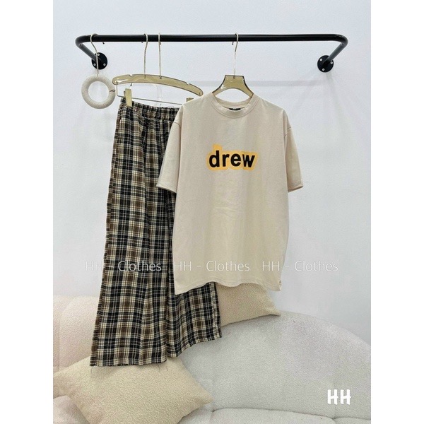 SET BỘ ÁO PHÔNG COTTON CHỮ DREW MIX QUẦN KẺ NỮ SETN760