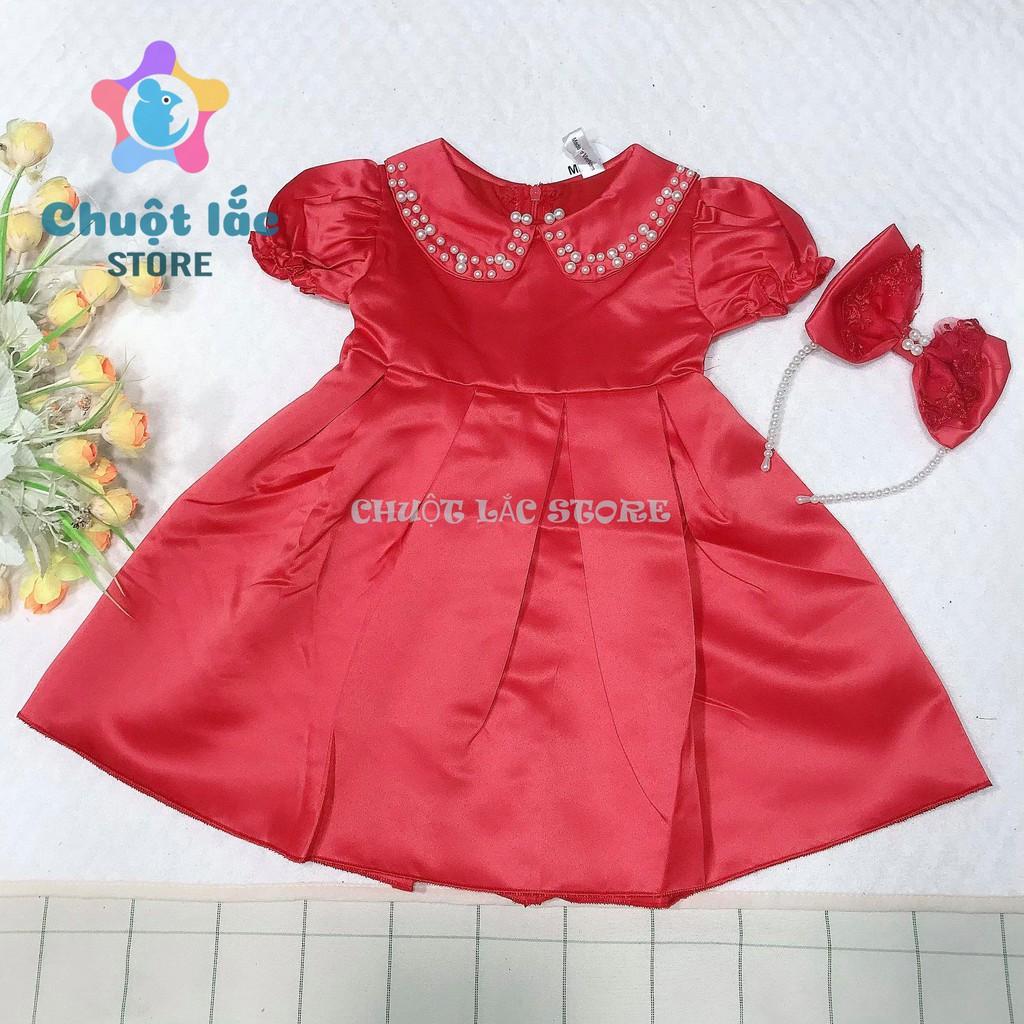 Đầm váy công chúa bé gái cổ đính hạt kèm nơ cài đầu cho bé từ 8kg đến 22kg