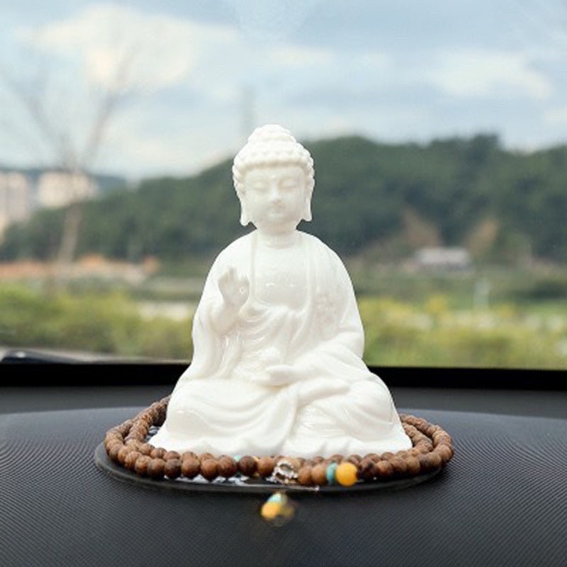 Tượng Phật A DI ĐÀ sứ Cao cấp để trên xe hơi, tặng kèm Thảm lót và Tràng hạt