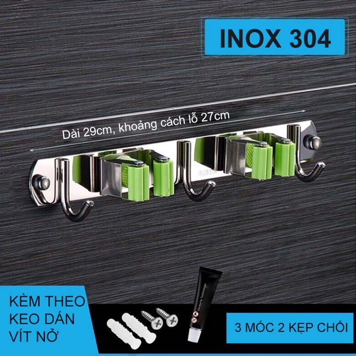 Móc kẹp giữ chổi và treo đồ đa năng bằng inox 304, dùng keo dán hoặc vít