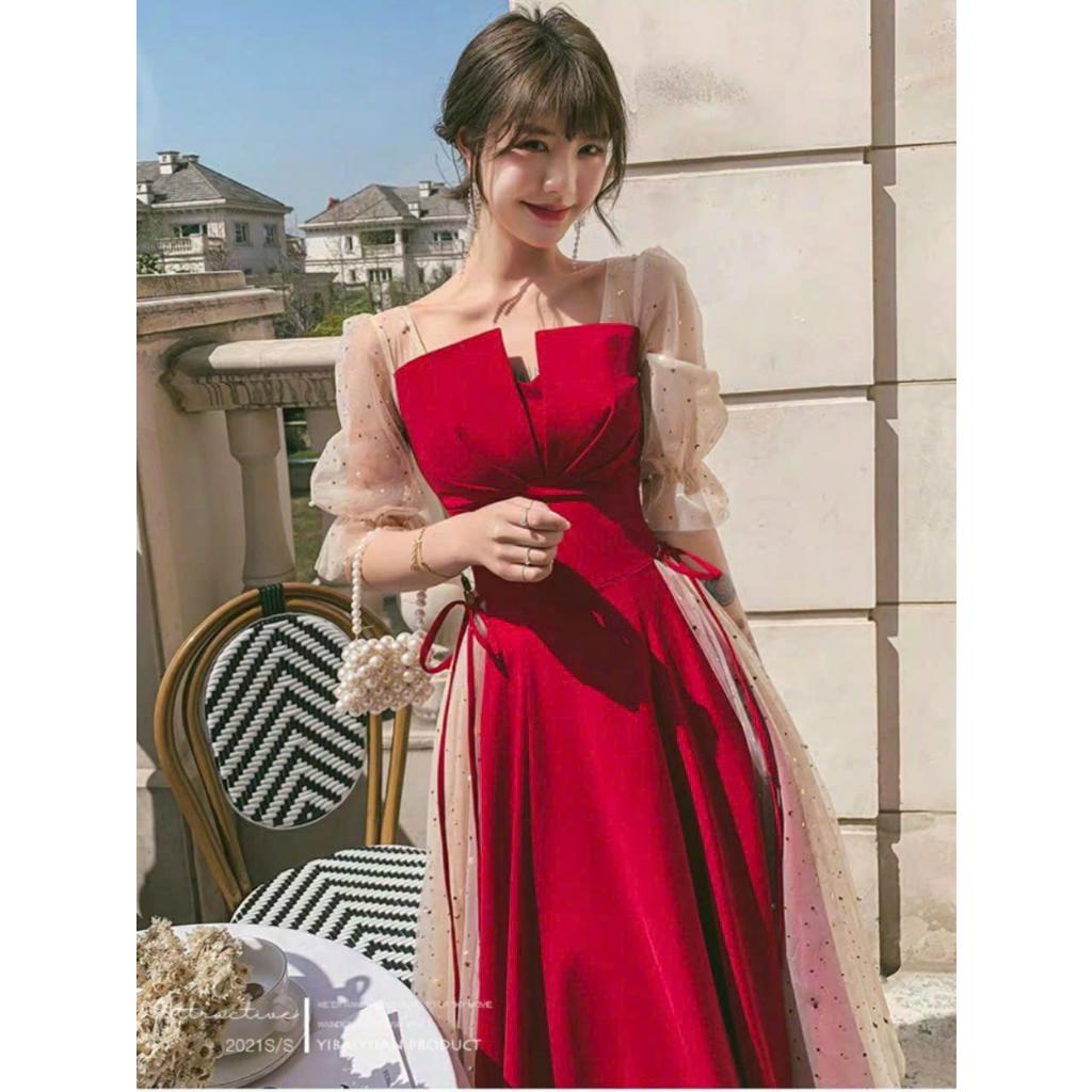 Váy đầm nữ dáng xòe cổ V phối lưới kim sa cột nơ xinh xắn