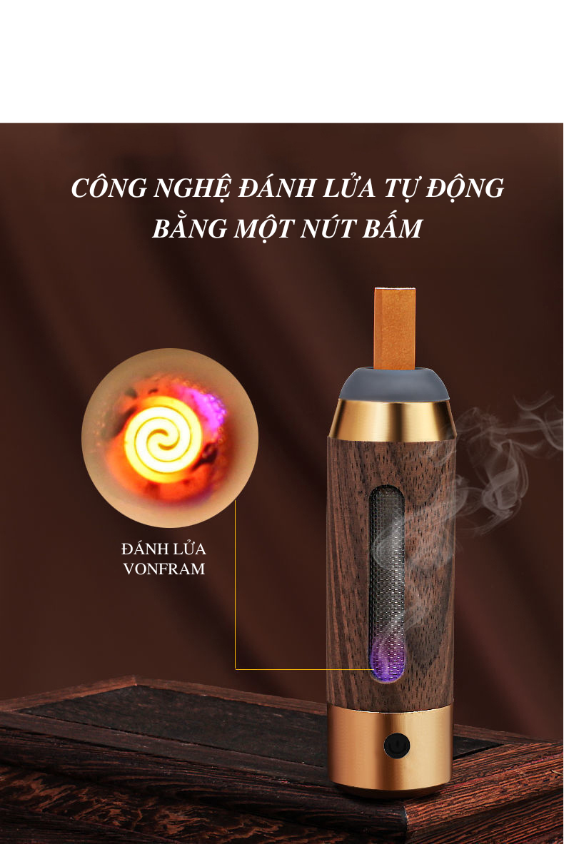 Tẩu Thuoc la_Đồ Hút Thuoc la Kiêm Đánh Lửa &amp; Gạt Tàn Tiện Lợi Chất Liệu Gỗ Tặng Kèm 3 Đầu Hút + Dây Sạc USB