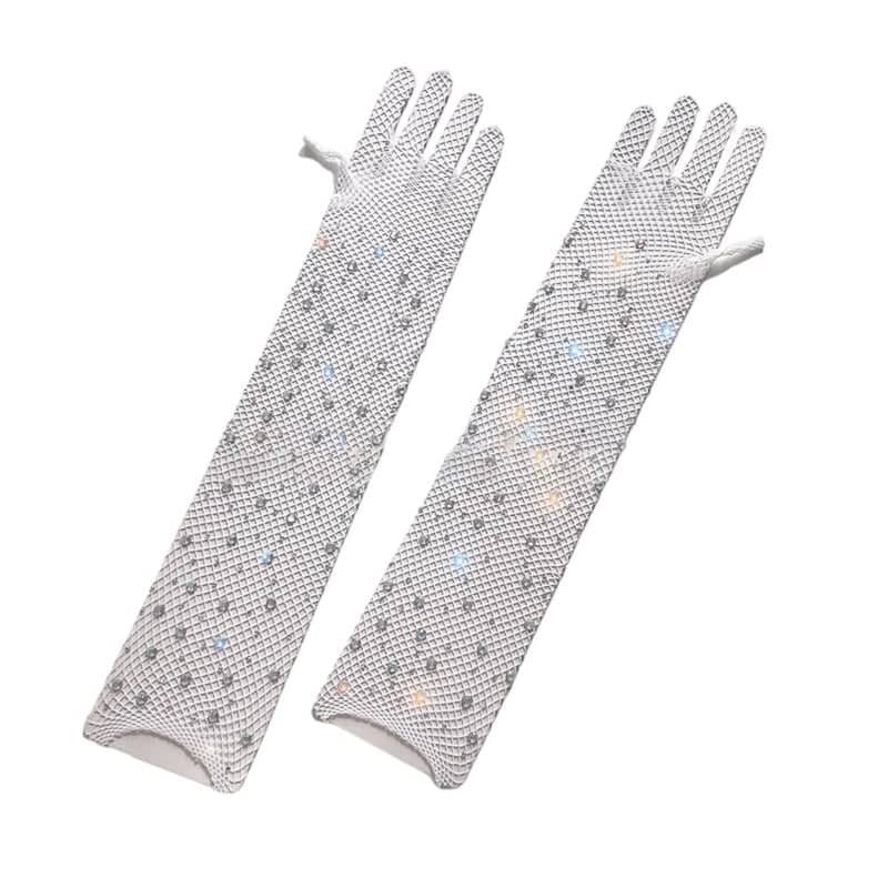 Găng tay sang chảnh màu trắng dạng lưới đính đá lấp lánh cho Cô dâu và Dạ hội, đi tiệc, sự kiện, lễ hội MS: 44146