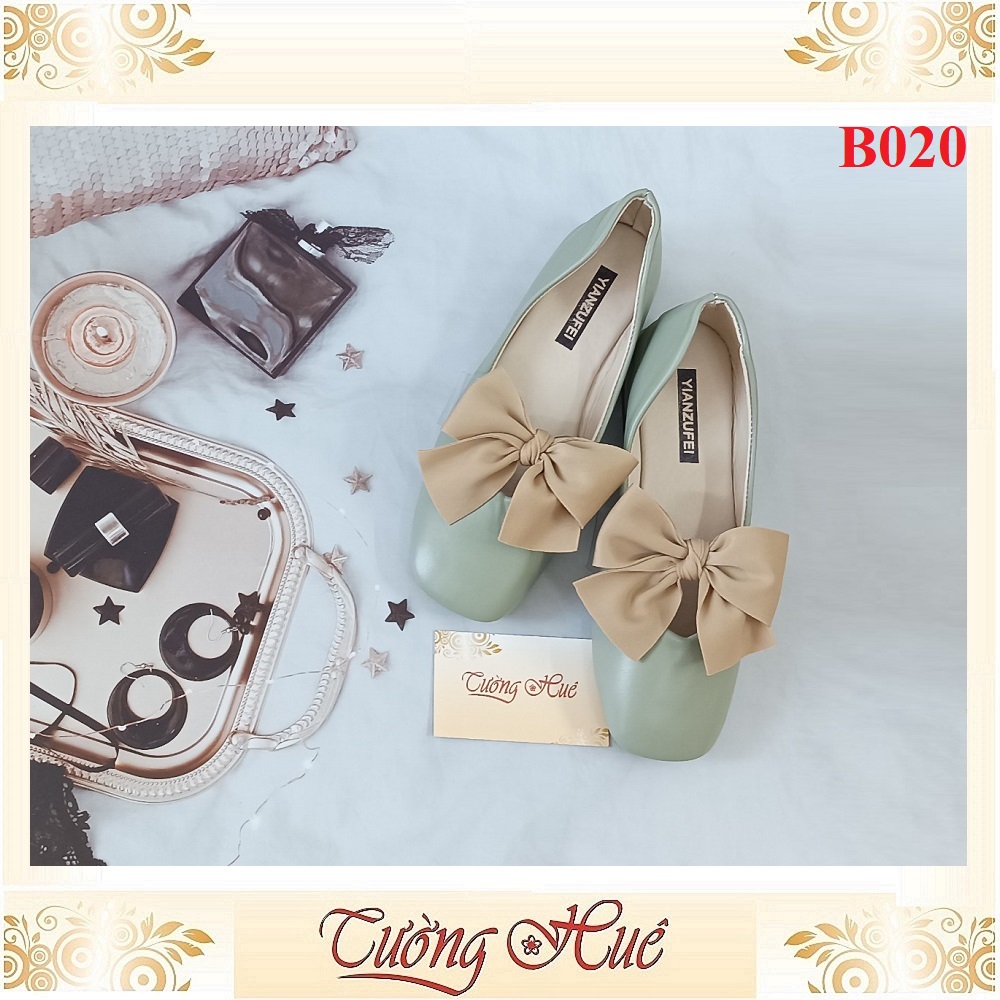 Giày Búp Bê Mũi Vuông Nữ Phối Nơ Gót Vuông Cao 2CM - Hàng Quảng Châu