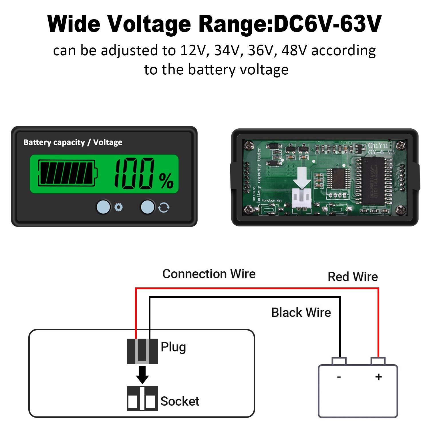 Máy đo pin DC, Máy kiểm tra màn hình phần trăm dung lượng điện áp pin kỹ thuật số Đầu đọc pin DC 8-63V