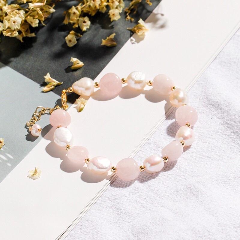 Vòng Tay, Lắc Tay Ngọc Trai Nước Ngọt Hạt Gạo 10ly Mix Đá Hồng - Trường Thịnh Ngọc Trai
