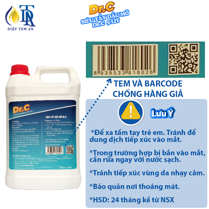 Tẩy Dầu mỡ,Tẩy Nhà bếp,Tẩy Hút mùi,Bếp gas,Bếp Từ,Đáy Xoong,Đáy Nồi Chảo Dr.c 5 Lít