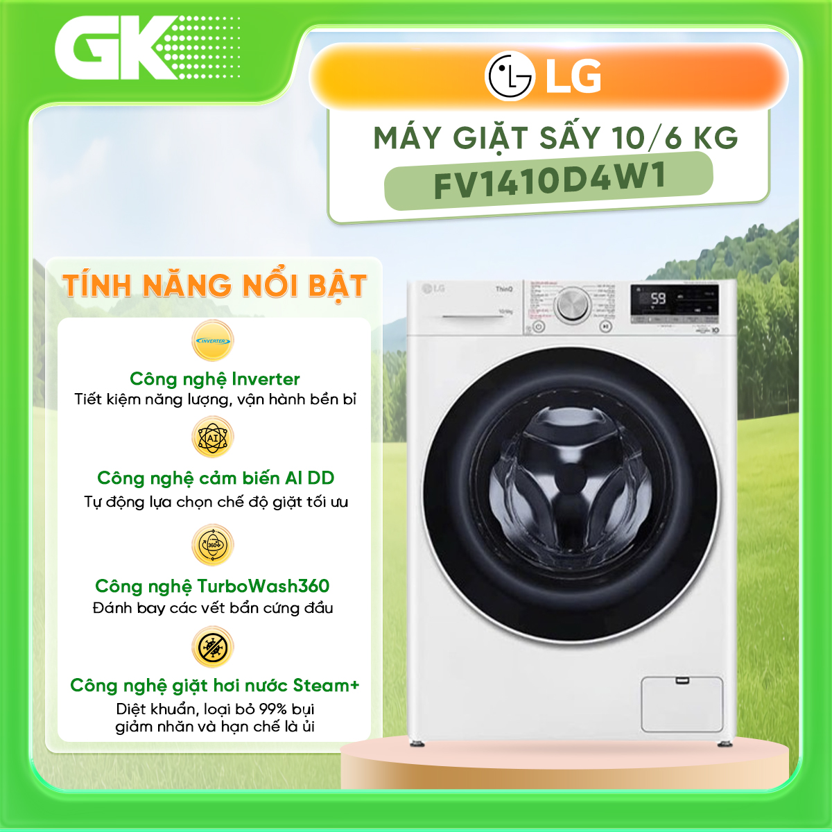 FV1410D4W1 - MÁY GIẶT &amp; SẤY CỬA TRƯỚC LG FV1410D4W1 - Hàng chính hãng